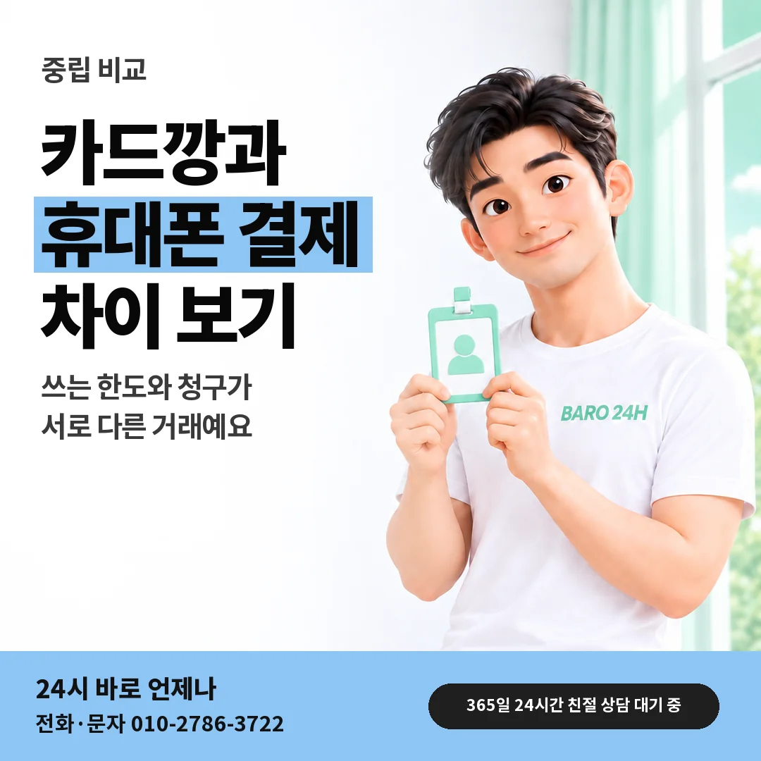 신분증을 든 BARO 24H 티셔츠를 입은 3D 인물 옆에 「SKT 카드깡과 휴대폰 결제」 제목을 얹은 안내 카드