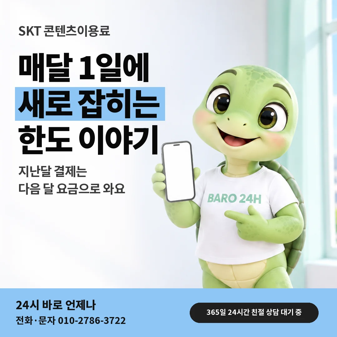 휴대폰을 보며 웃는 BARO 24H 티셔츠를 입은 3D 거북이 캐릭터 옆에 「SKT 1일에 새로 잡히는 한도」 제목을 얹은 안내 카드